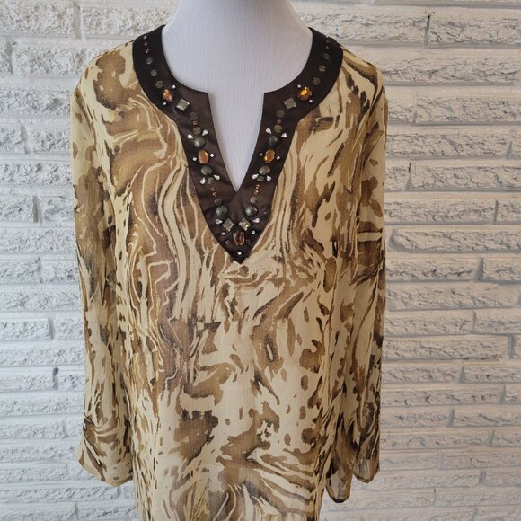 Susan Graver QVC Womens Top Brown Tan Animal Print Beaded Sheer ANI47E - Picture 3 of 9